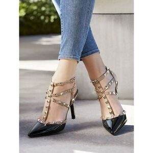 Sole Society Tiia T-Strap Pointed Dress Pumps Black Nude Gold Studded Size 8